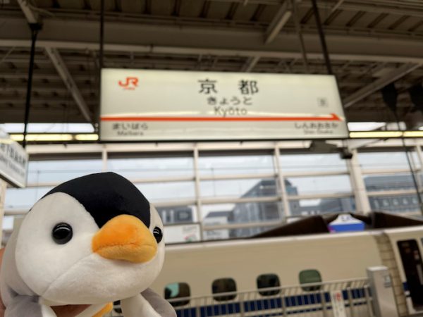 京都駅看板とペンギンヒナのぬいぐるみ